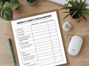 Preview of a Weekly Client Status Report template for virtual assistants and online teams, displayed on a clipboard over a desk with plants and a keyboard.
